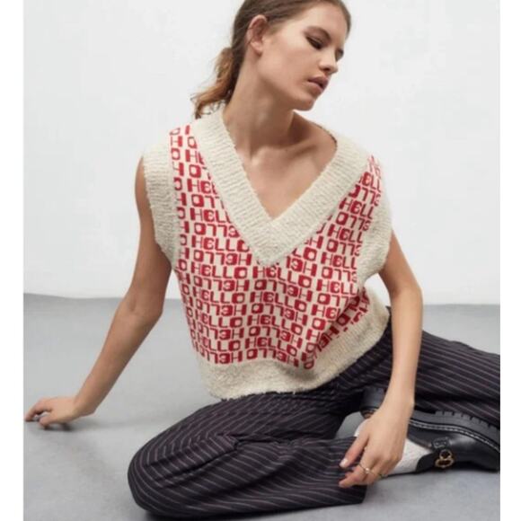 Urban Outfitters Jordie Hello Sweater Vest Red & Cream Ribbed Knit Small NWT - Picture 2 of 9